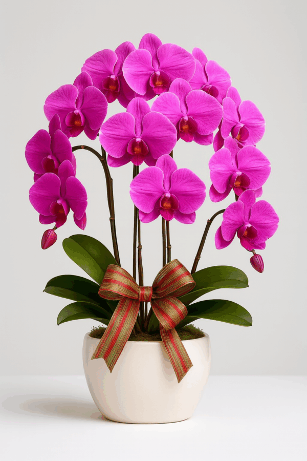 Medium-size Pink Orchid Pot with Festive Ribbon